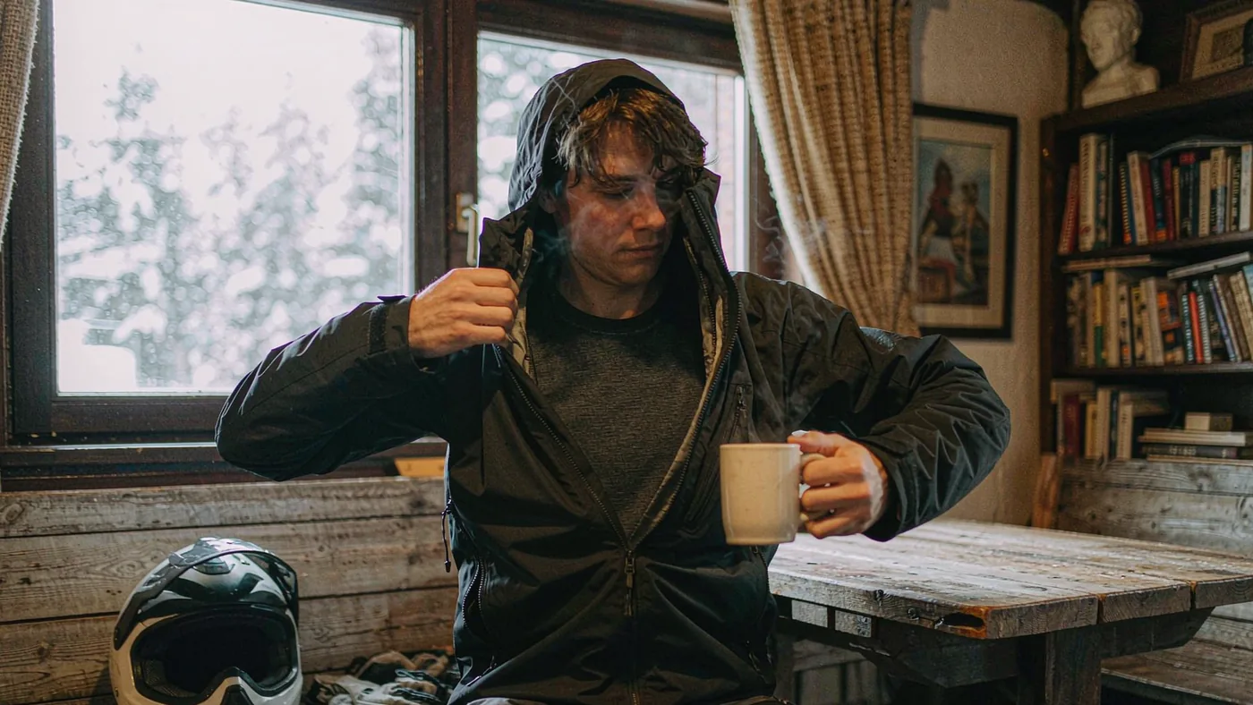 A rider showing the base layer underneath an open snowboard jacket