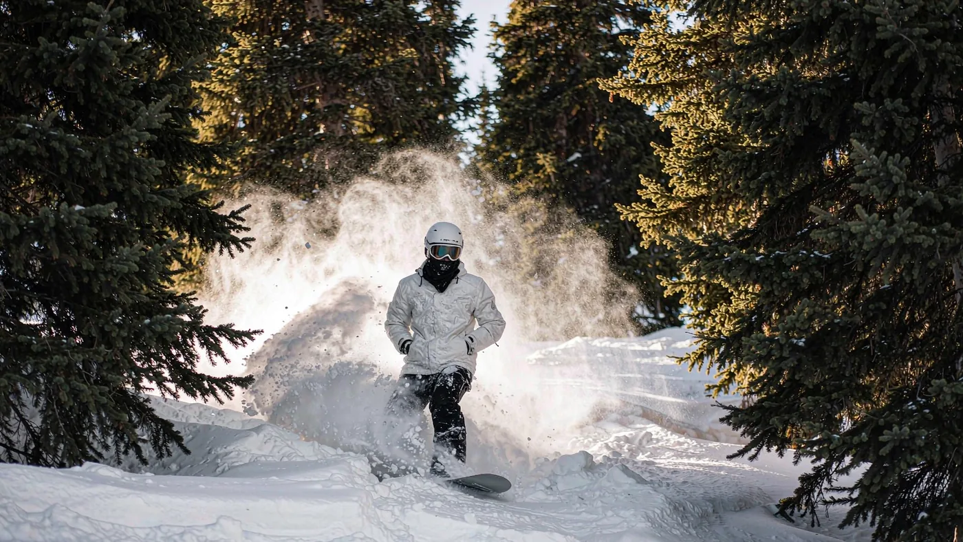 A snowboarder blasting through deep powder between snow-laden trees with a spray of snow behind the board