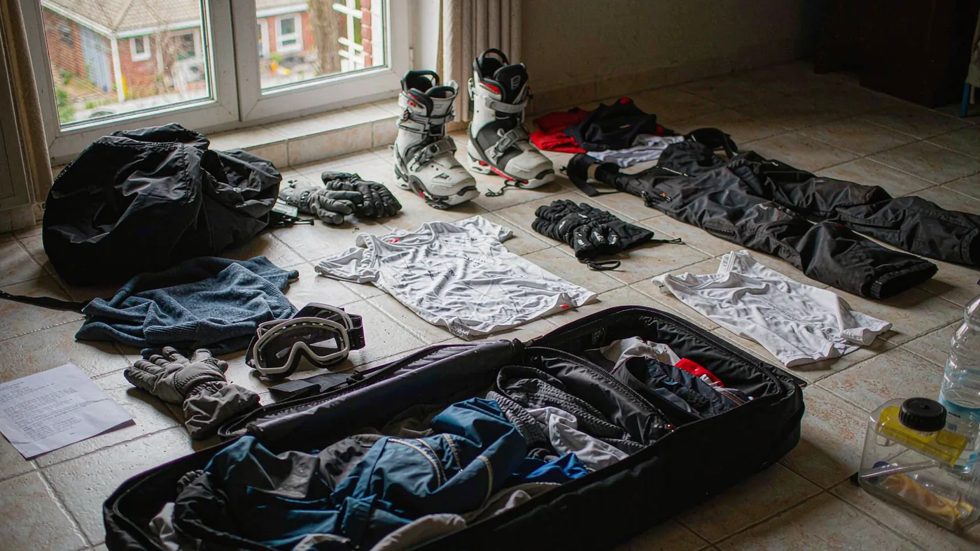 An open snowboard bag on a bedroom floor with boots, gloves, goggles and a helmet laid out in rows