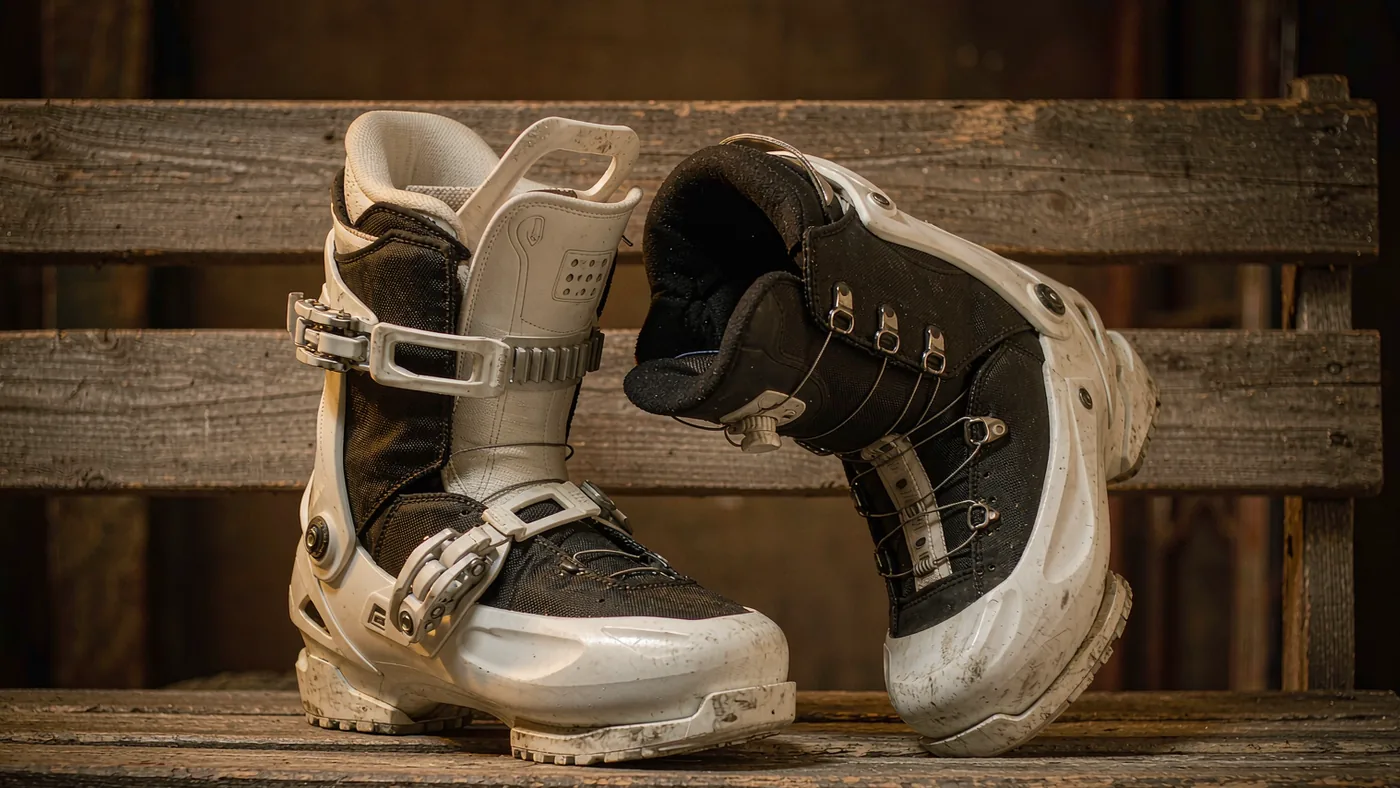A soft-flex snowboard boot and a stiff-backed snowboard boot standing side by side on a bench